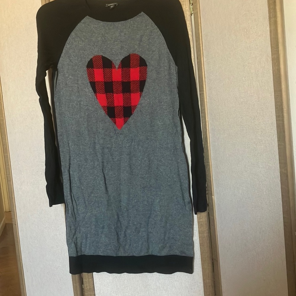FINAL MARKDOWN Express Black and Gray Dress with Red Heart small